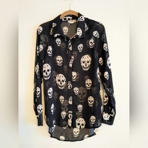 Sheer Skull Collared Top Blouse Button up down Halloween Spooky Skulls